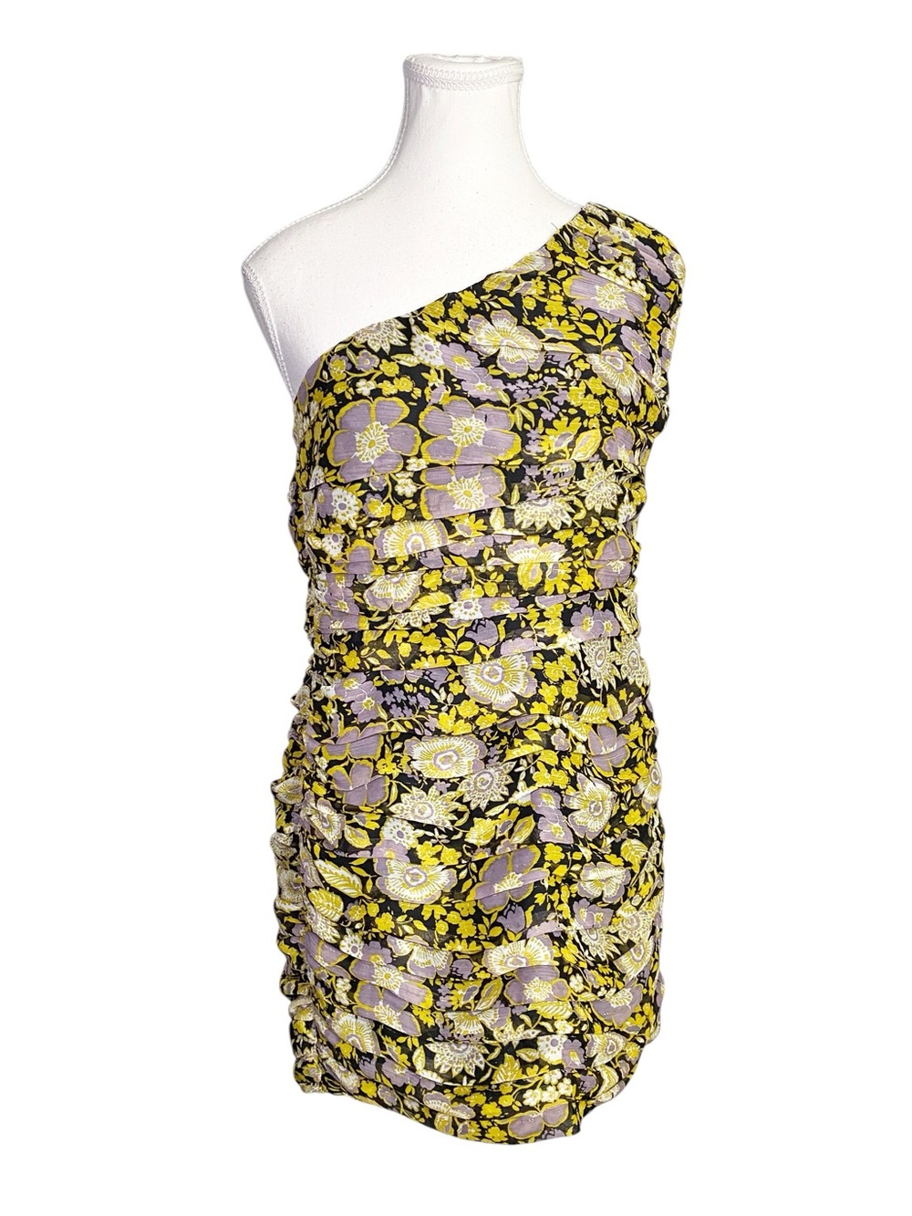 ZARA NWT Yellow Purple Floral Ruched One Shoulder Metallic Mini Dress Size L